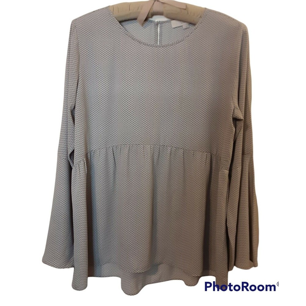 Loft Women's Bell Sleeve Gray/White Flowy Oversized Boho Top Hi Lo Hem - Sz M